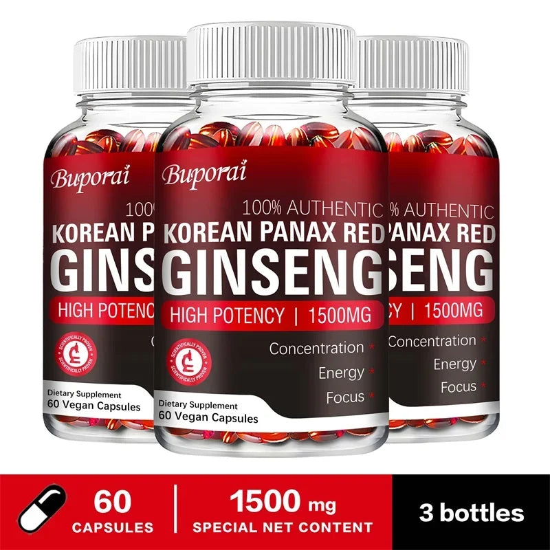 Korean Red Panax Ginseng capsules bottle for daily herbal support, wellness maintenance, and supplement routines.
