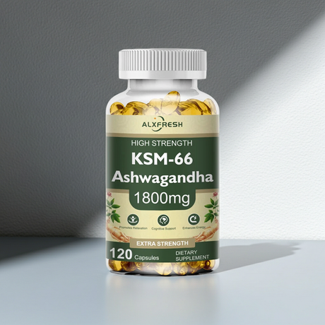KSM-66 Ashwagandha high potency capsules 1800mg bottle for daily herbal support and supplement routine use.