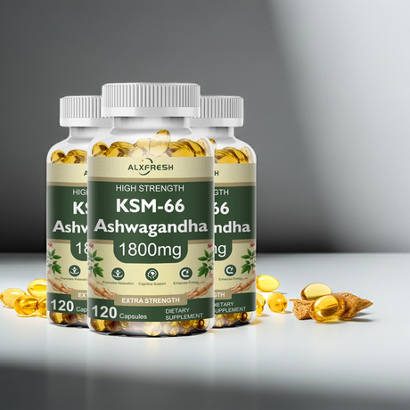 KSM-66 Ashwagandha extract capsules 1800mg supplement bottle for daily adaptogenic herbal support and wellness use