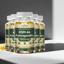 KSM-66 Ashwagandha herbal capsules 1800mg bottle for plant-based wellness support and everyday supplement use.