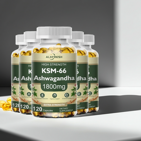 KSM-66 Ashwagandha herbal capsules 1800mg bottle for plant-based wellness support and everyday supplement use.