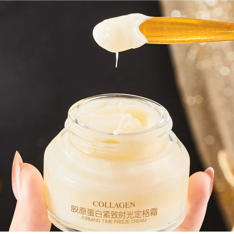 KUGE Collagen Lifting & Firming Face Cream jar with cream texture on dark background.