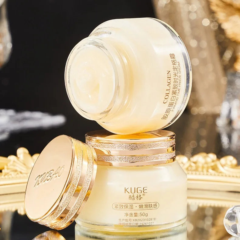 Two jars of KUGE Collagen Lifting & Firming Face Cream on decorative stand.