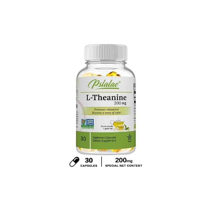 L-Theanine 200mg capsules vegan formula bottle for relaxation support, focus enhancement, and routine wellness use.