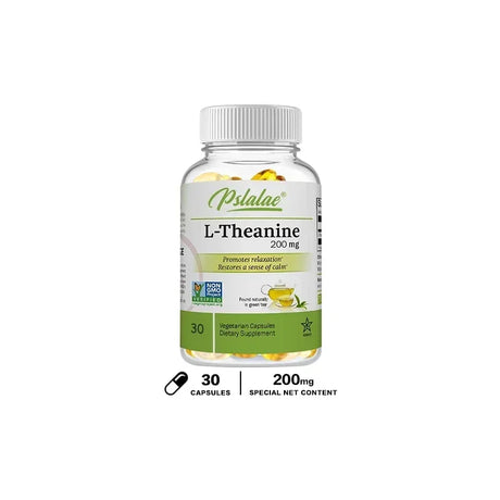 L-Theanine 200mg capsules vegan formula bottle for relaxation support, focus enhancement, and routine wellness use.