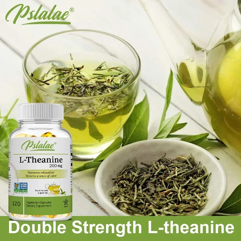 L-Theanine 200mg vegan capsules supplement bottle for stress support, mental calm, and everyday supplement use.