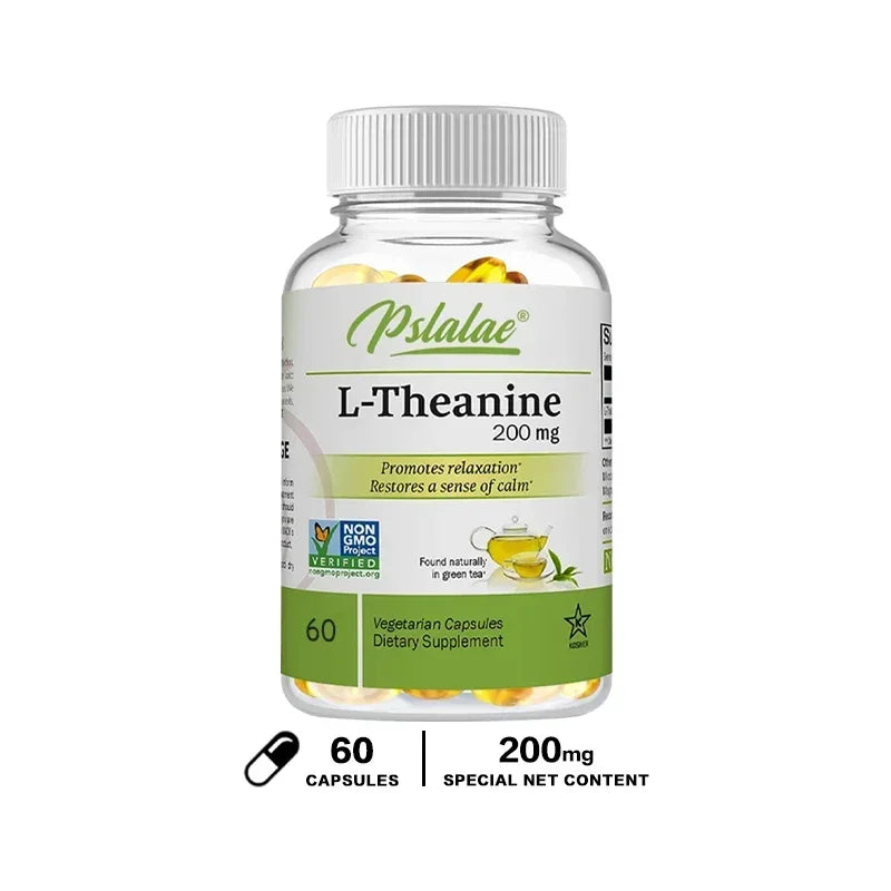 L-Theanine vegan capsules bottle for stress support, calm mind balance, and daily supplement use.
