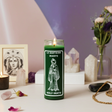 La Santisima Muerte green 7 day candle for prayer, spiritual devotion, and altar use.