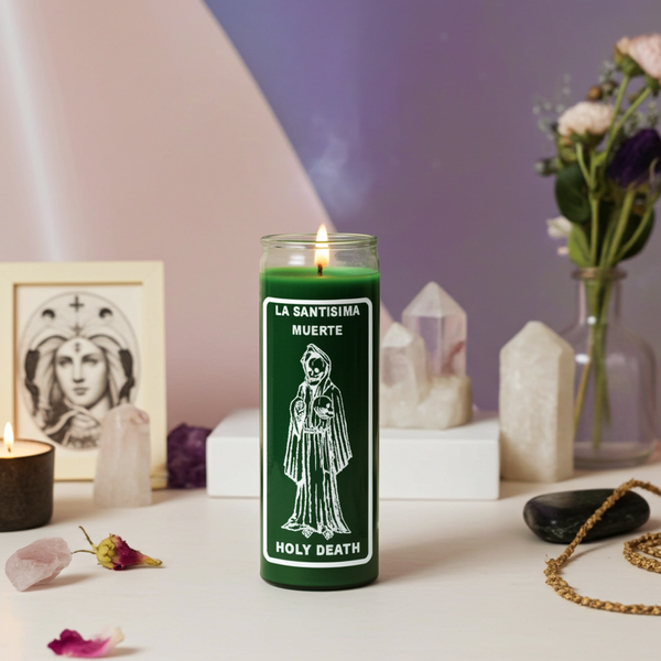La Santisima Muerte green 7 day candle for prayer, spiritual devotion, and altar use.