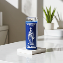 LA SANTISIMA MUERTE-HOLY DEATH blue 7 day candle for prayer, altar devotion, and spiritual ritual use.