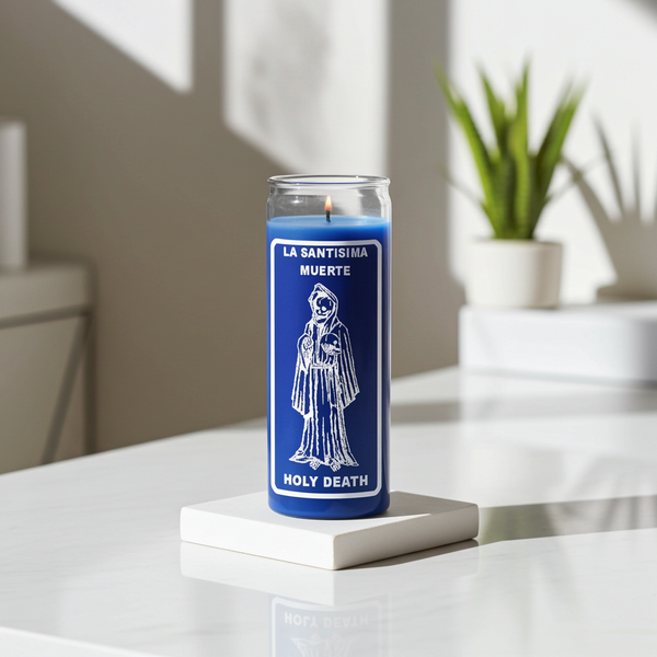 LA SANTISIMA MUERTE-HOLY DEATH blue 7 day candle for prayer, altar devotion, and spiritual ritual use.