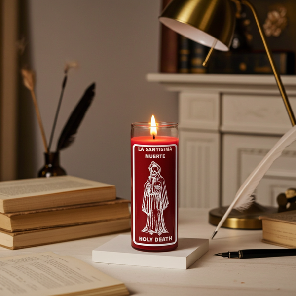 LA SANTISIMA MUERTE-HOLY DEATH red 7 day candle for prayer, devotional altar use, and spiritual offerings.