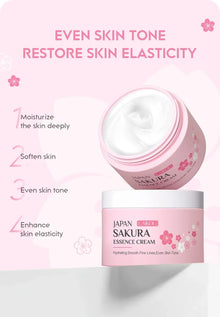 LAIKOU Sakura Glow Face Cream jar on pink background with skin brightening and hydrating benefits highlighted.
