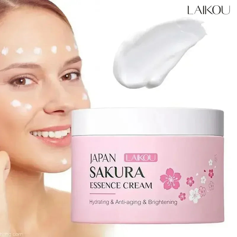 LAIKOU Sakura Glow Face Cream jar with woman's face and cream swatch showing lightweight texture.