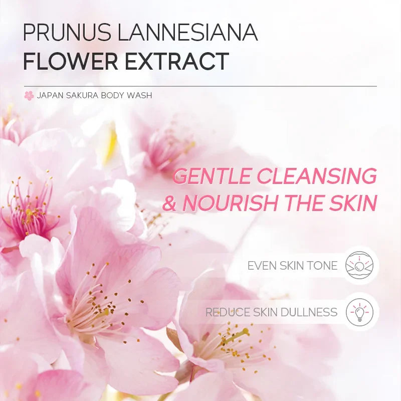 LAIKOU Sakura Shower Gel 200ml featuring Prunus Lannesiana flower extract with cherry blossom botanical display.