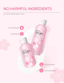 Two bottles of LAIKOU Sakura Shower Gel 200ml with cherry blossom design on white background.
