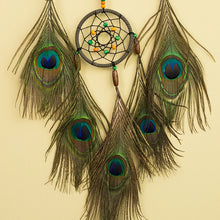 Large Vintage Peacock Feather Dream Catcher wall decor for statement bedroom styling, spiritual ambiance, and dream catcher display use.