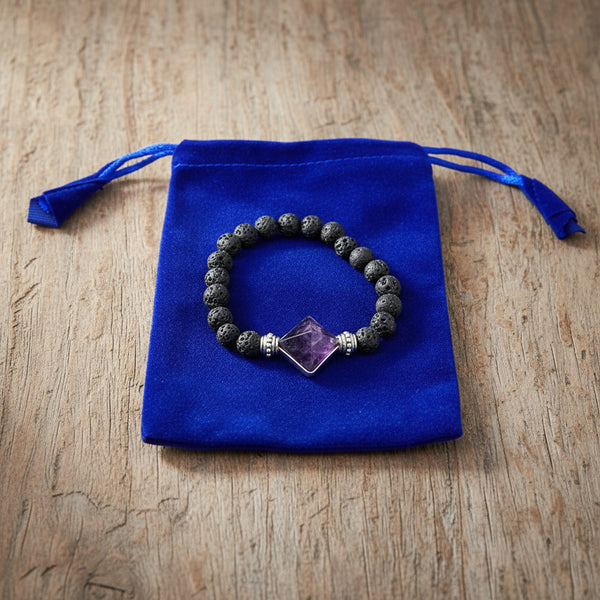 Lava and amethyst pyramid bracelet with velvet bag
