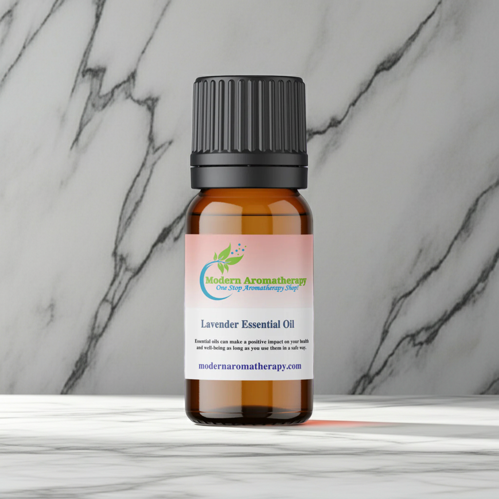 Lavender aromatherapy essential oil bottle for stress relief, relaxation, and daily wellness routines.