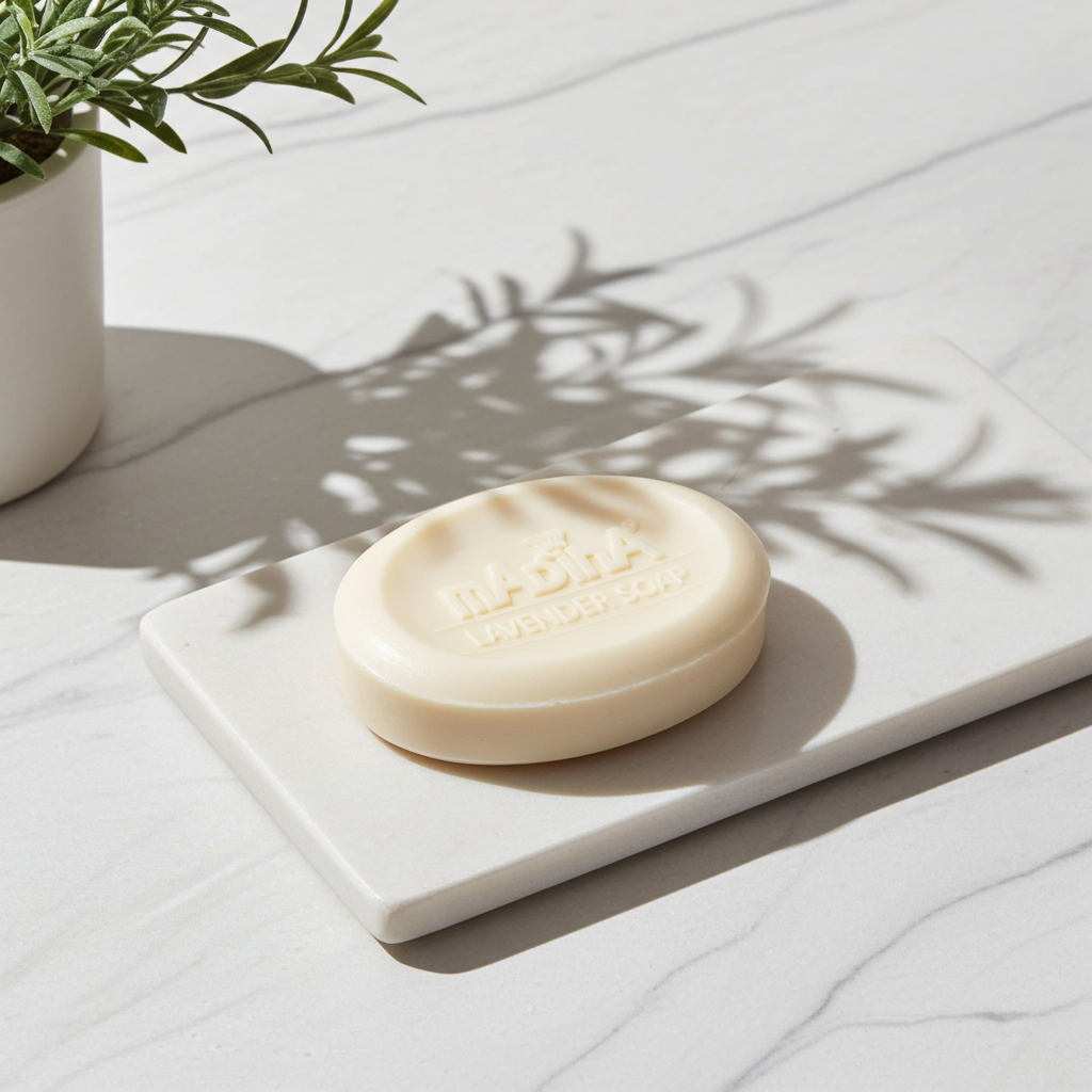 Madina Lavender calming soap bar for relaxing baths, skin cleansing, and stress-relief body care.