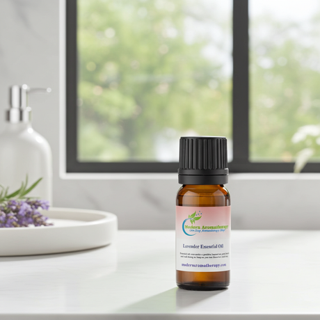 Lavender essential oil bottle for aromatherapy, relaxation, and diffuser use.