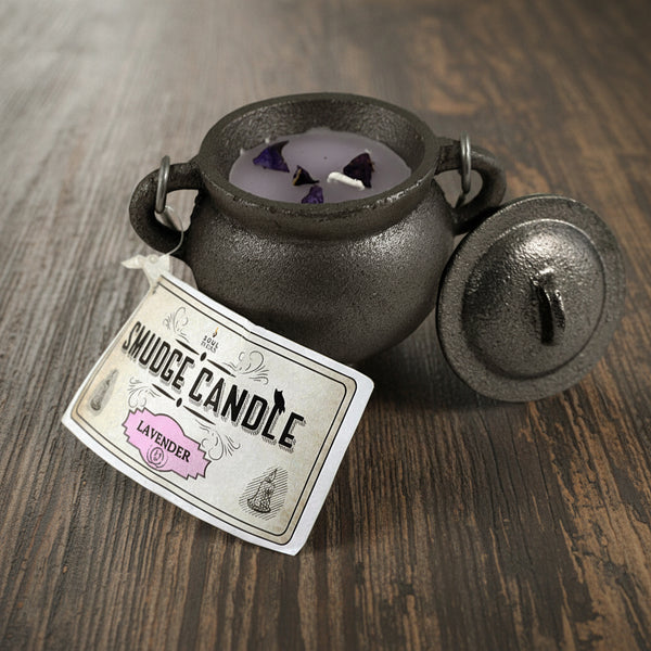 Lavender smudge candle in cast iron cauldron