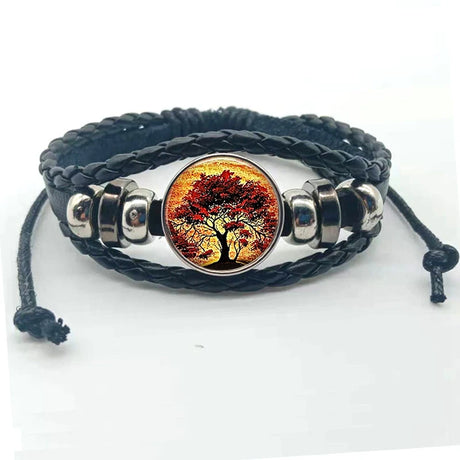Layered leather Tree of Life charm cuff bracelet for casual outfit accessorizing and daily fashion wear.