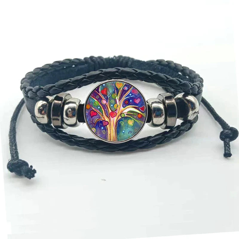 Layered Tree of Life boho bracelet with leather bands for wrist accessorizing, festival fashion, and everyday styling.