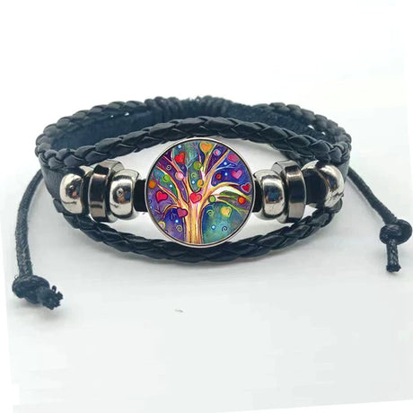 Layered Tree of Life boho bracelet with leather bands for wrist accessorizing, festival fashion, and everyday styling.