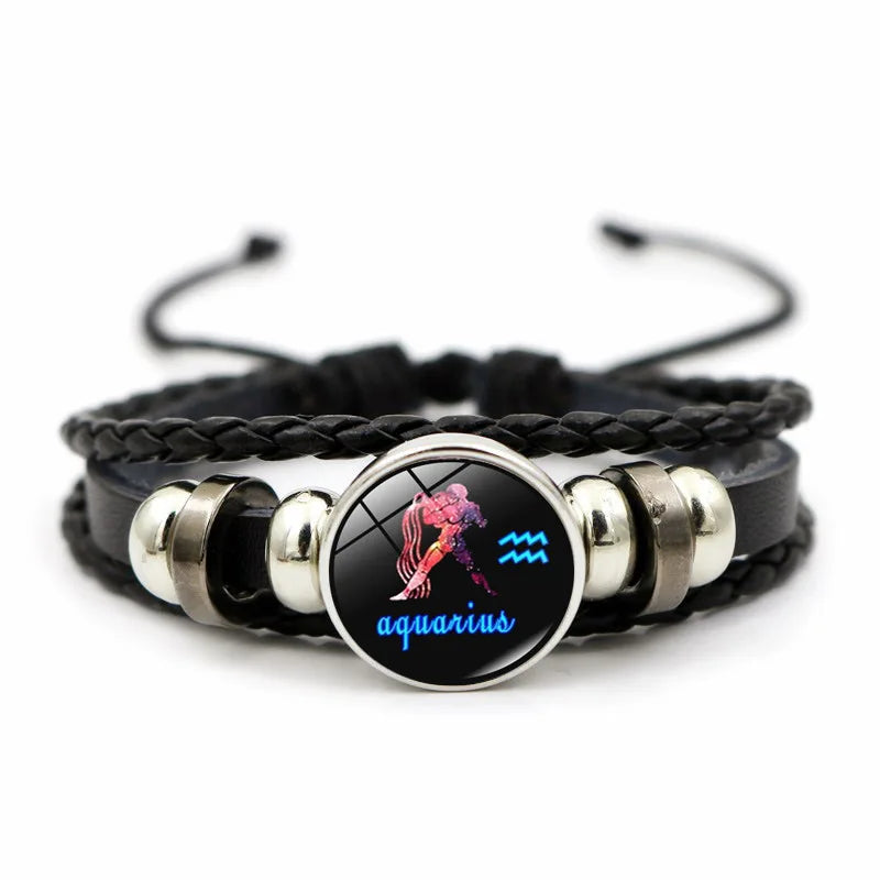Leather zodiac charm bracelet with 12 signs for horoscope-themed fashion, stacking with bracelets, and everyday styling.