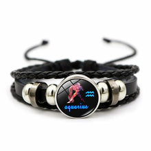 Leather zodiac charm bracelet with 12 signs for horoscope-themed fashion, stacking with bracelets, and everyday styling.