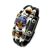 Leather Zodiac Constellation wristband for casual wear, star sign expression, and layered bracelet styling.