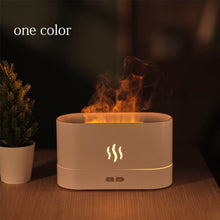 LED cool mist aroma diffuser with fire flame effect for essential oil therapy, room humidification, and warm visual ambiance.