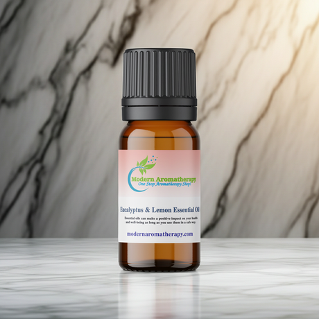 Lemon Eucalyptus Essential Oil bottle for diffuser use, freshening indoor spaces, and aromatherapy routines.