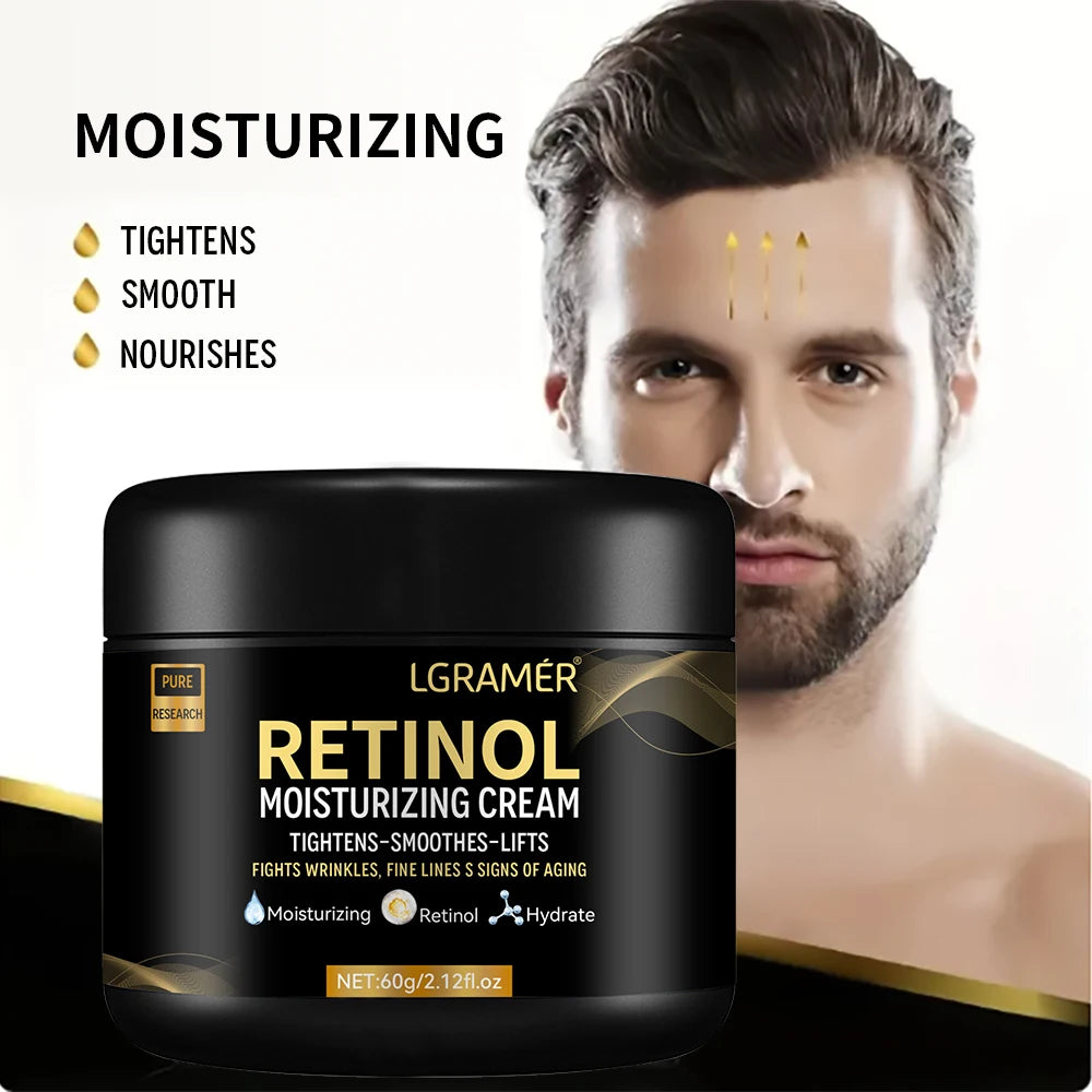 LGRAMER Men's Retinol Face Cream jar with man's face showing anti-aging benefits for lifting, firming, and brightening.