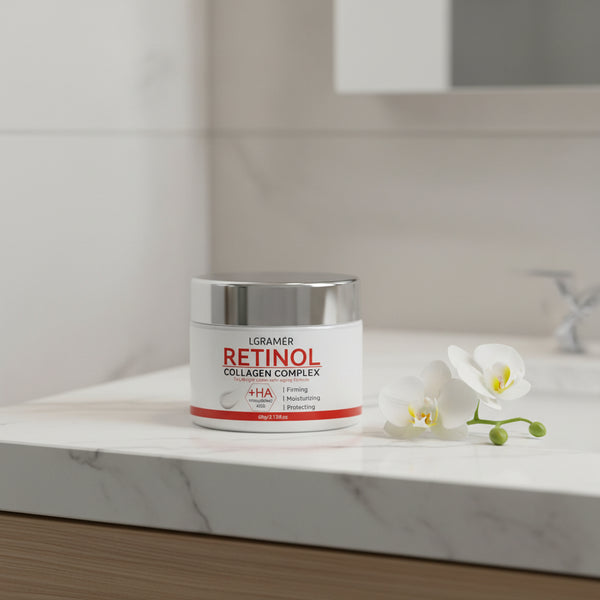 LGRAMER Retinol Lifting & Firming Face Cream jar with red and silver design on white background.