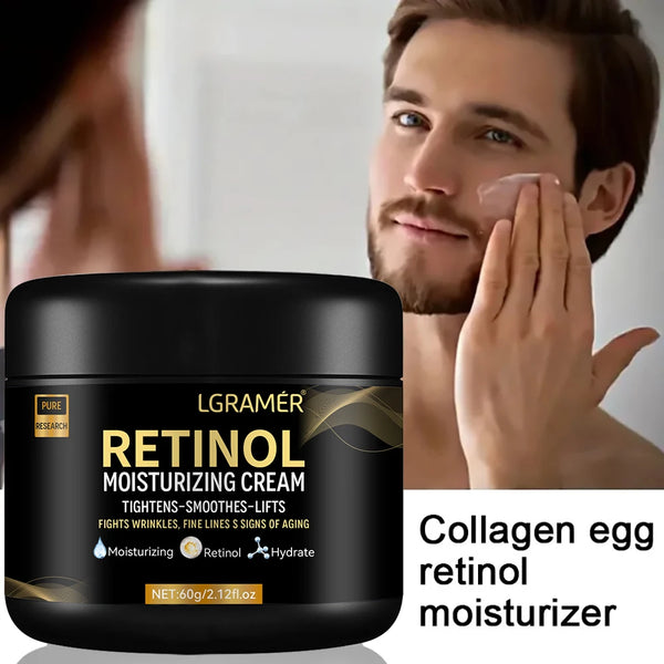 LGRAMER Retinol Men's Anti-Aging Face Moisturizer jar with man applying cream to face for daily skincare.