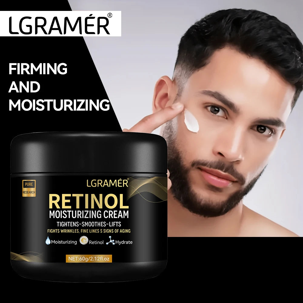 LGRAMER Retinol Men's Face Cream jar with man applying moisturizer for fine line reduction and daily skincare.