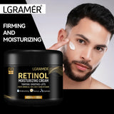LGRAMER Retinol Men's Face Cream jar with man applying moisturizer for fine line reduction and daily skincare.