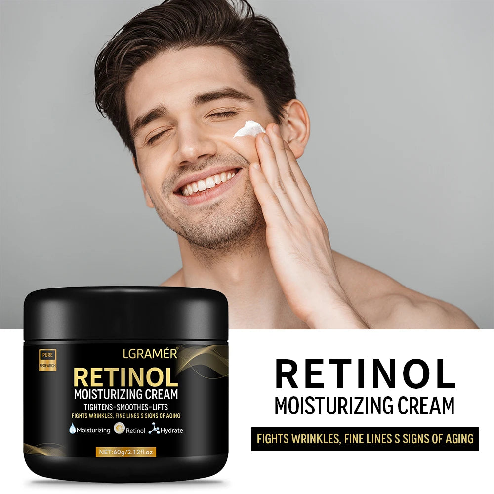 LGRAMER Retinol Moisturizing Cream with man applying anti-aging face moisturizer for daily men's skincare routine.