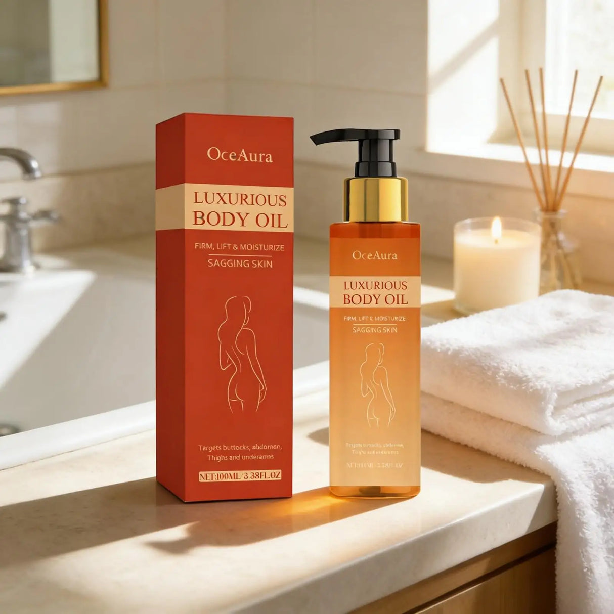 OceAura lightweight cold pressed rosehip body oil bottle for fast-absorbing moisture, radiant skin, and everyday body use.