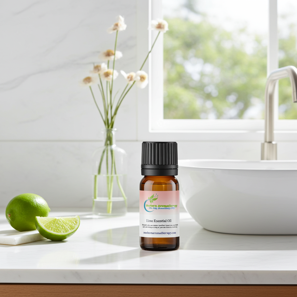 Lime essential oil bottle for aromatherapy, diffuser blends, and uplifting home fragrance use.