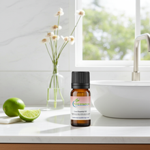 Lime essential oil bottle for uplifting aromatherapy, bright citrus diffuser blends, and cheerful home fragrance.