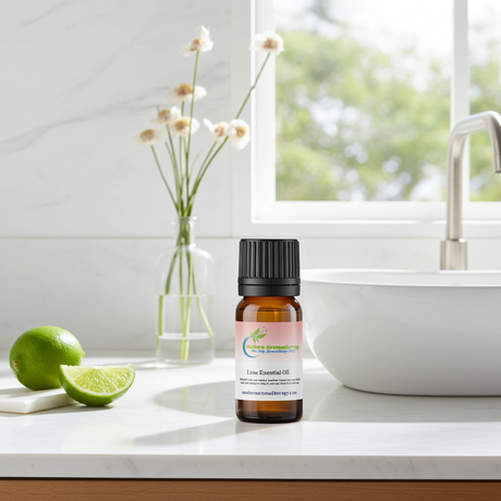 Lime essential oil bottle for aromatherapy, diffuser blends, and uplifting home fragrance use.