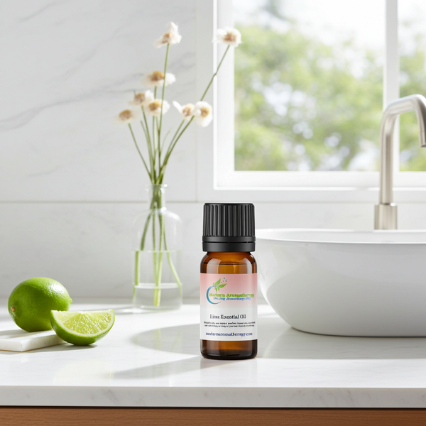Lime essential oil bottle for uplifting aromatherapy, bright citrus diffuser blends, and cheerful home fragrance.