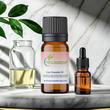 Lime essential oil bottle for aromatherapy sessions, mood-lifting diffusing, and energizing citrus scent blends.