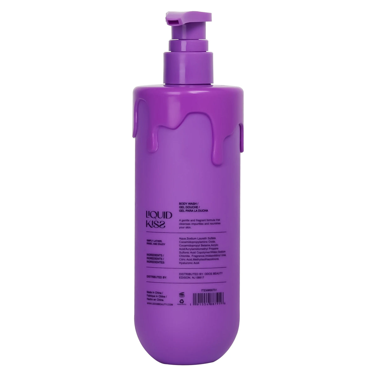 LIQUID KISS Fallen Angel Hyaluronic Acid Hydrating Body Wash 473ml purple bottle with pump on white background.
