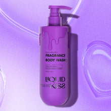 LIQUID KISS Hyaluronic Acid Hydrating Body Wash 473ml purple pump bottle on purple background.