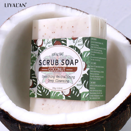 LIYALAN Coconut Exfoliating Scrub Soap 100g in coconut shell for daily body exfoliation and cleansing.