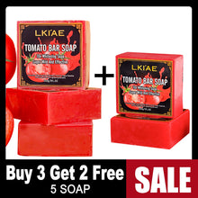 LKIAE Tomato Bar Soap with Buy 3 Get 2 Free promotional offer on a white background.
